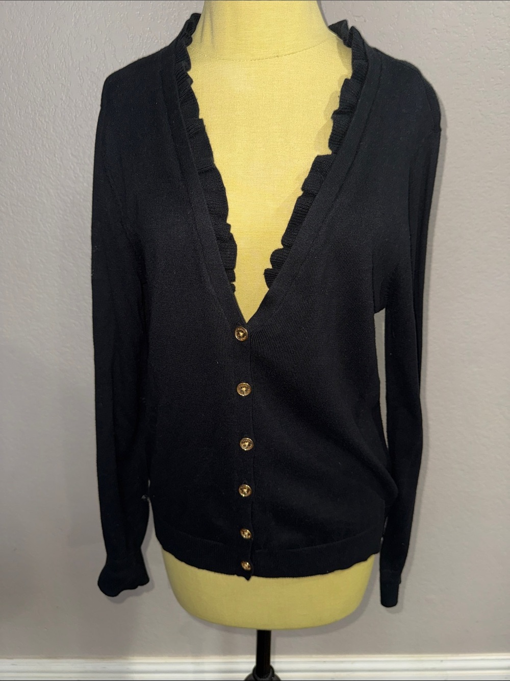 Ralph Lauren Black Ruffle-Trim V-Neck Button Cardigan Sweater